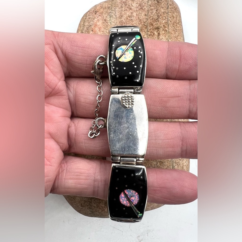 Navajo Sterling Silver Onyx Opal Kachina Kokopelli Night Sky Link Bracelet 8" - Picture 7 of 7